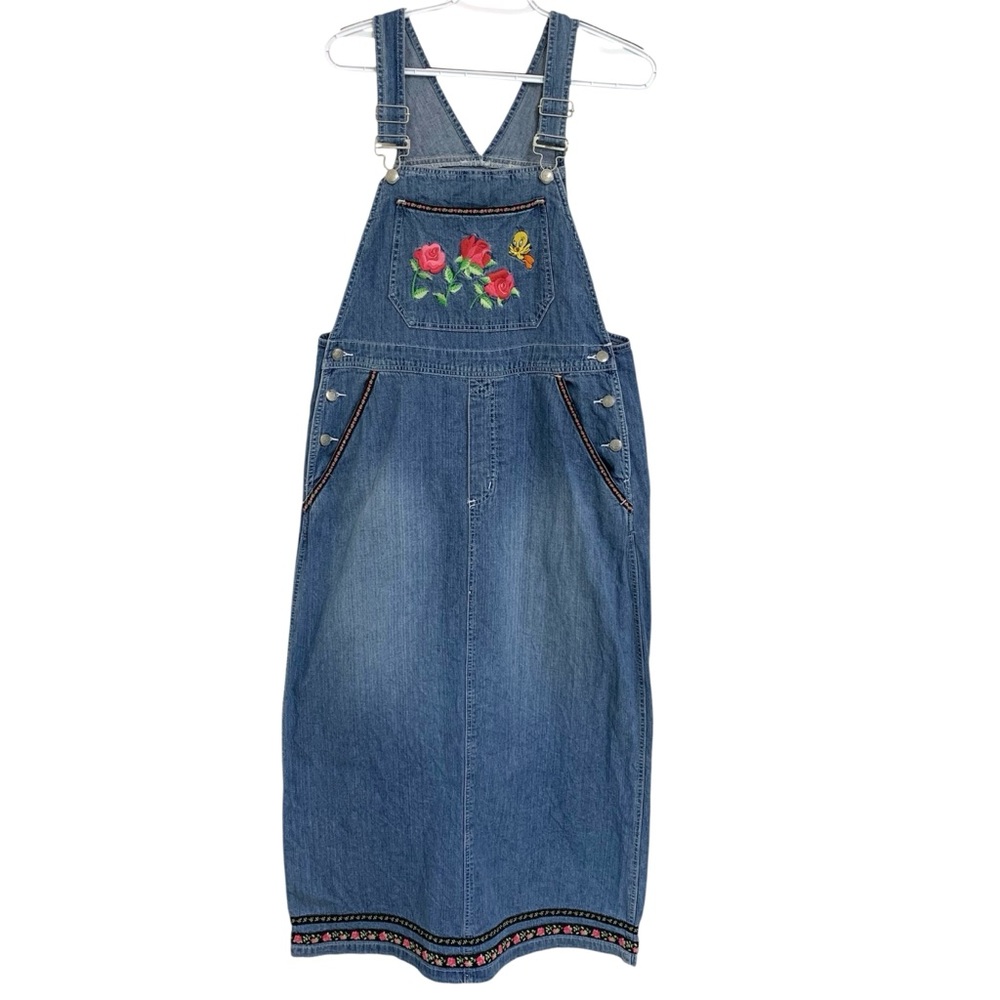 Vintage 90’s Tweety Bird Denim Maxi Overall Dress Women’s Sz M Embroidered